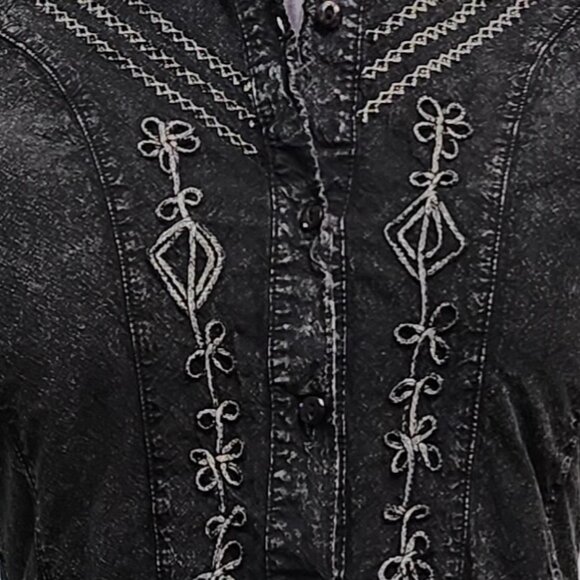 Embroidered & Flourished Denim Blouse w/Scalloped Hem & Wrists - Picture 10 of 11